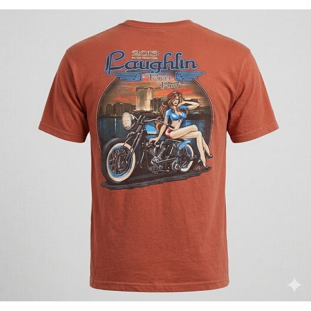 Laughlin River Run 2013 Shirt Mens L Orange Pinup Girl Motorcycle Biker Rally